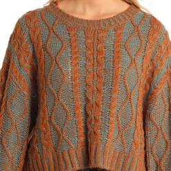 Rock & Roll Denim Cable Knit Boxy Sweater 7 Rock & Roll Denim Cable Knit Boxy Sweater -Royal Horse Outfitters cable knit boxy sweater burnt.orng detail BW32T05271 westmoor 94383.1731183393
