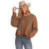 Rock & Roll Denim Cable Knit Boxy Sweater -Royal Horse Outfitters cable knit boxy sweater burnt.orng front BW32T05271 westmoor 08541.1731183392