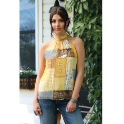 Cruel Denim Quilt Print Chiffon Halter Blouse