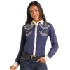 Panhandle Retro Embroidery Navy Snap Shirt -Royal Horse Outfitters emb retro snap shirt navy front LWN2S05808 westmoor 43777.1744315957