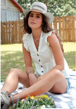 Cruel Denim Eyelet Conchos Sleeveless Top