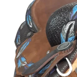 Alamo Saddlery Feather Barrel Saddle -Royal Horse Outfitters feather barrel brown blue detail FEATHER alamo 36570.1650659582