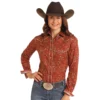 Panhandle RS Flex Bandana Print LS Shirt -Royal Horse Outfitters ladies printed snap shirt rust front RWN2S05102 westmoor 41711.1732078355
