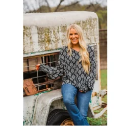 Roper Southwestern Ikat Blouse -Royal Horse Outfitters ladies v neck blouse black lifestyle 03 050 0590 7046 roper 29307.1738816627