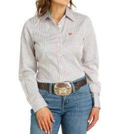 Cinch Tencel Teal/Coral Stripe LS Shirt