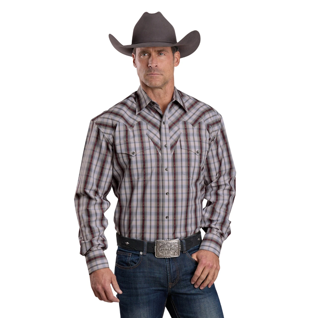 Men's Stetson Fancy Yokes Grey Plaid Snap Shirt 3 Men's Stetson Fancy Yokes Grey Plaid Snap Shirt
