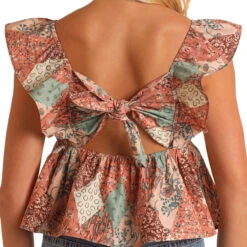 Rock & Roll Denim Patchwork Flutter Tank 9 Rock & Roll Denim Patchwork Flutter Tank -Royal Horse Outfitters patchwork flutter tank brnt.orng detail back BW50T05895 RRD 09003.1741055722