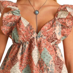 Rock & Roll Denim Patchwork Flutter Tank 8 Rock & Roll Denim Patchwork Flutter Tank -Royal Horse Outfitters patchwork flutter tank brnt.orng detail front BW50T05895 RRD 47335.1741055723