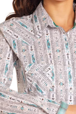 Panhandle RS Flex Turquoise Print Snap Shirt -Royal Horse Outfitters pearl snap ls turqis detail RWN2S04583 westmoor 32714.1724286953