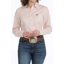 Cinch Pink Gingham Dot LS Performance Shirt
