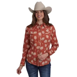 Roper Retro Floral Orange Snap Shirt
