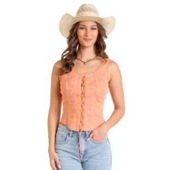 Rock & Roll Denim Embroidered Lace Up Tank