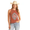 Rock & Roll Denim Rhinestone Graphic Tank -Royal Horse Outfitters rr graphic tank rust front BW20T05937 westmoor 19702.1744324091