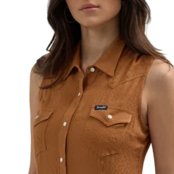 Wrangler Brown Jacquard Sleeveless Shirt -Royal Horse Outfitters sleeveless snap brown detail 112364719 wrangler 21315.1749157335