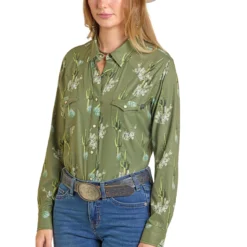 Rock & Roll Denim Tek Cactus LS Shirt 9 Rock & Roll Denim Tek Cactus LS Shirt -Royal Horse Outfitters tek cactus print shirt olive detail front BWN2S07176 westmoor 00897.1752947233